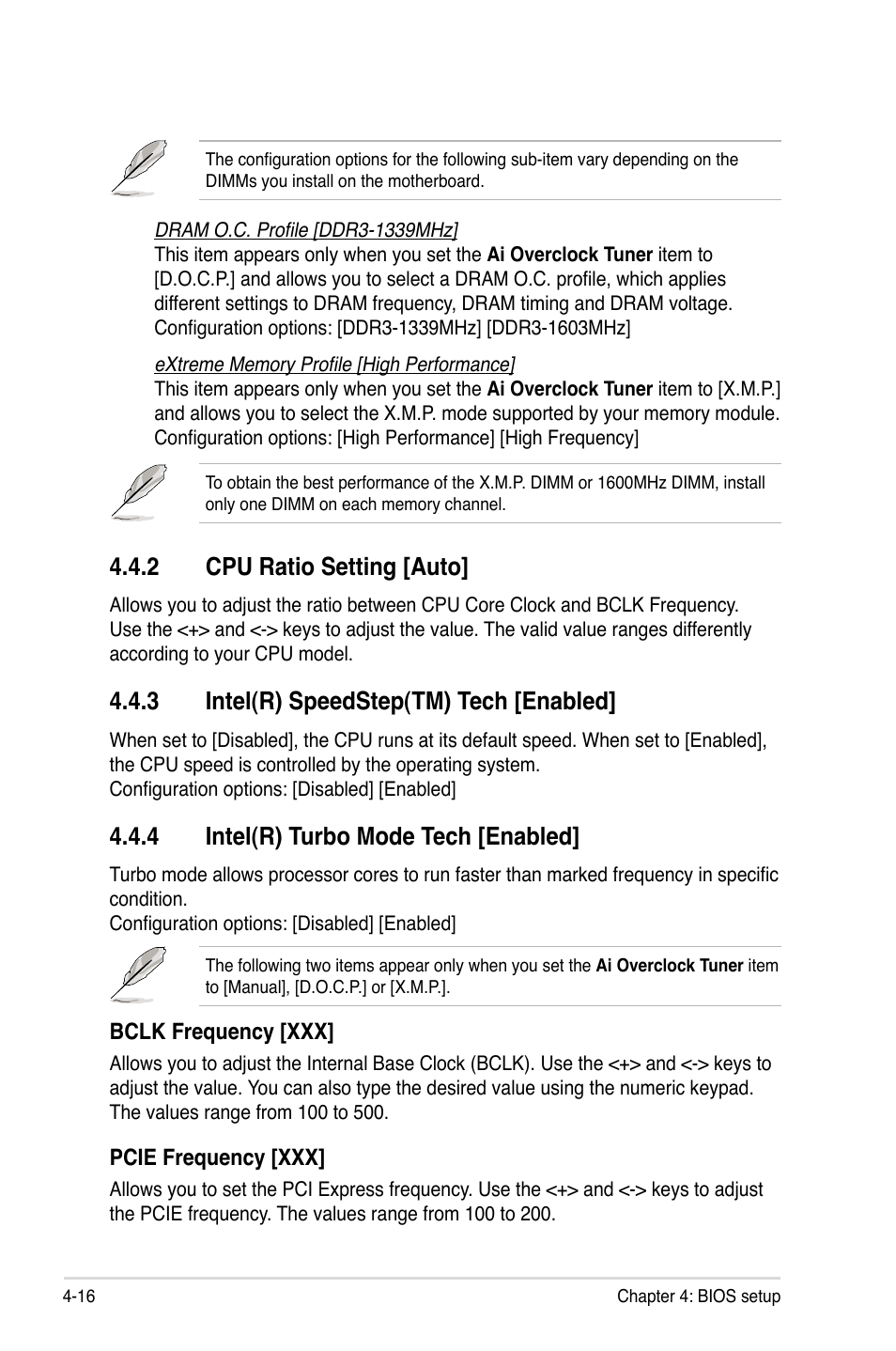 2 cpu ratio setting [auto, 3 intel(r) speedstep(tm) tech [enabled, 4 intel(r) turbo mode tech [enabled | Cpu ratio setting -16, Intel(r) speedstep(tm) tech -16, Intel(r) turbo mode tech -16 | Asus ESC1000 Personal SuperComputer User Manual | Page 80 / 184