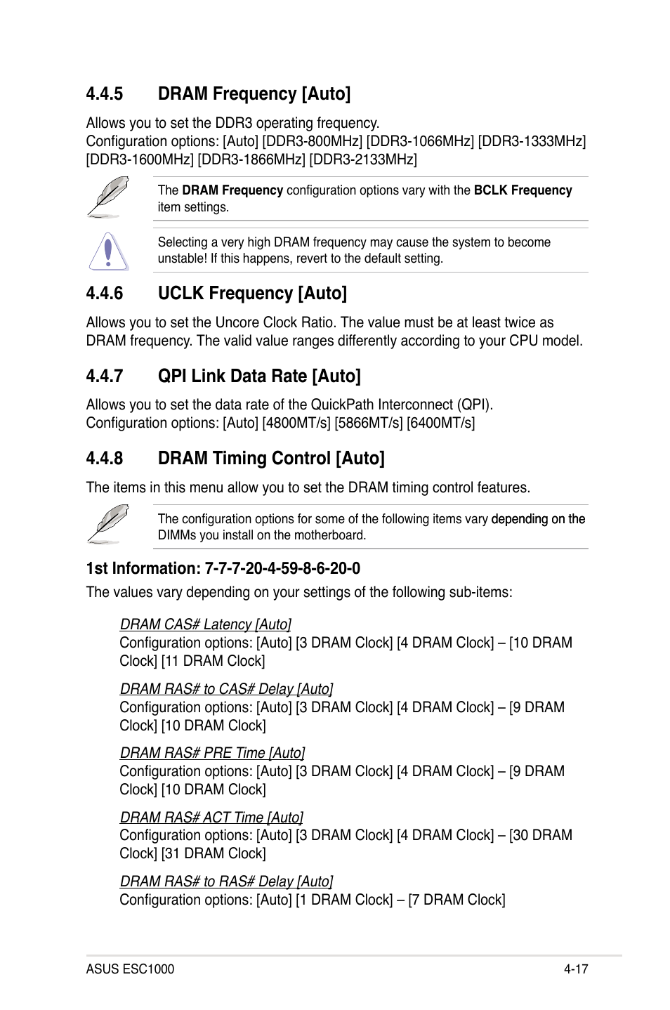 5 dram frequency [auto, 6 uclk frequency [auto, 7 qpi link data rate [auto | 8 dram timing control [auto, Dram frequency -17, Uclk frequency -17, Qpi link data rate -17, Dram timing control -17 | Asus ESC1000 Personal SuperComputer User Manual | Page 81 / 184