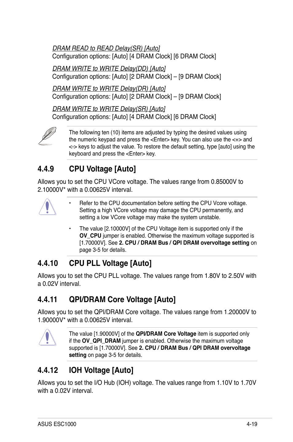 9 cpu voltage [auto, 10 cpu pll voltage [auto, 11 qpi/dram core voltage [auto | 12 ioh voltage [auto, Cpu voltage -19 | Asus ESC1000 Personal SuperComputer User Manual | Page 83 / 184