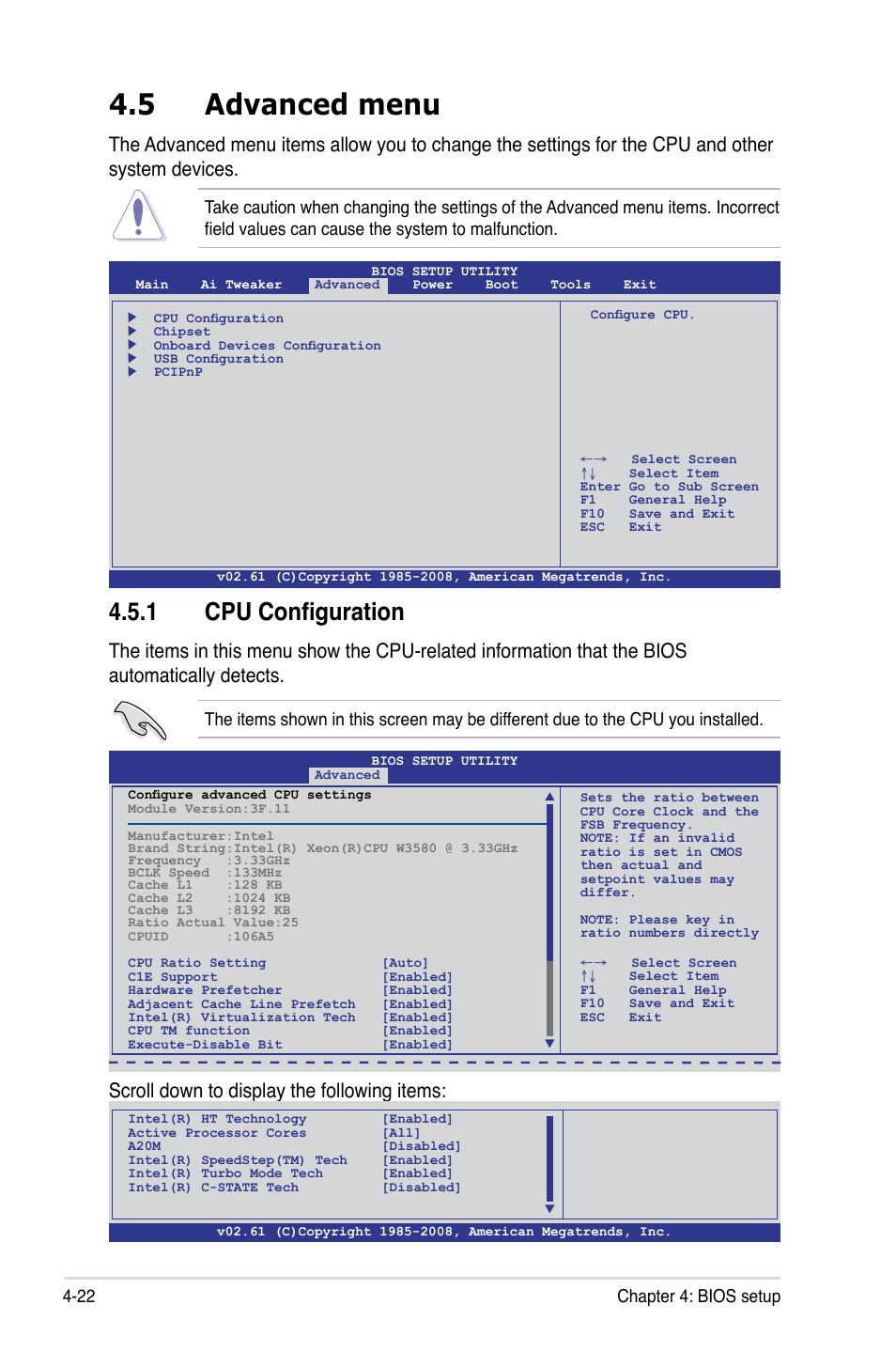 5 advanced menu, 1 cpu configuration, Advanced menu -22 4.5.1 | Cpu configuration -22, Scroll down to display the following items, 22 chapter 4: bios setup | Asus ESC1000 Personal SuperComputer User Manual | Page 86 / 184