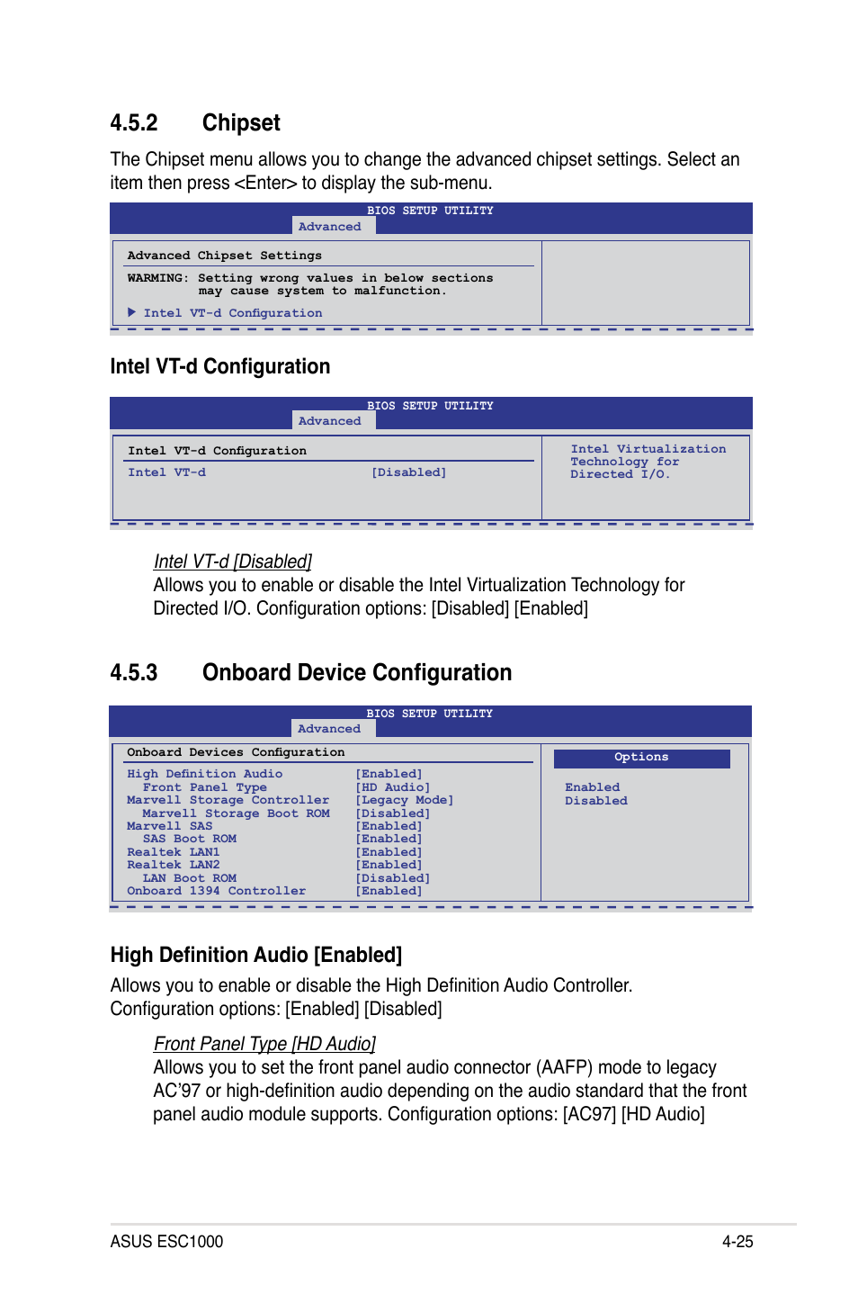 2 chipset, 3 onboard device configuration, Chipset -25 | Onboard device configuration -25, Intel vt-d configuration, High definition audio [enabled | Asus ESC1000 Personal SuperComputer User Manual | Page 89 / 184