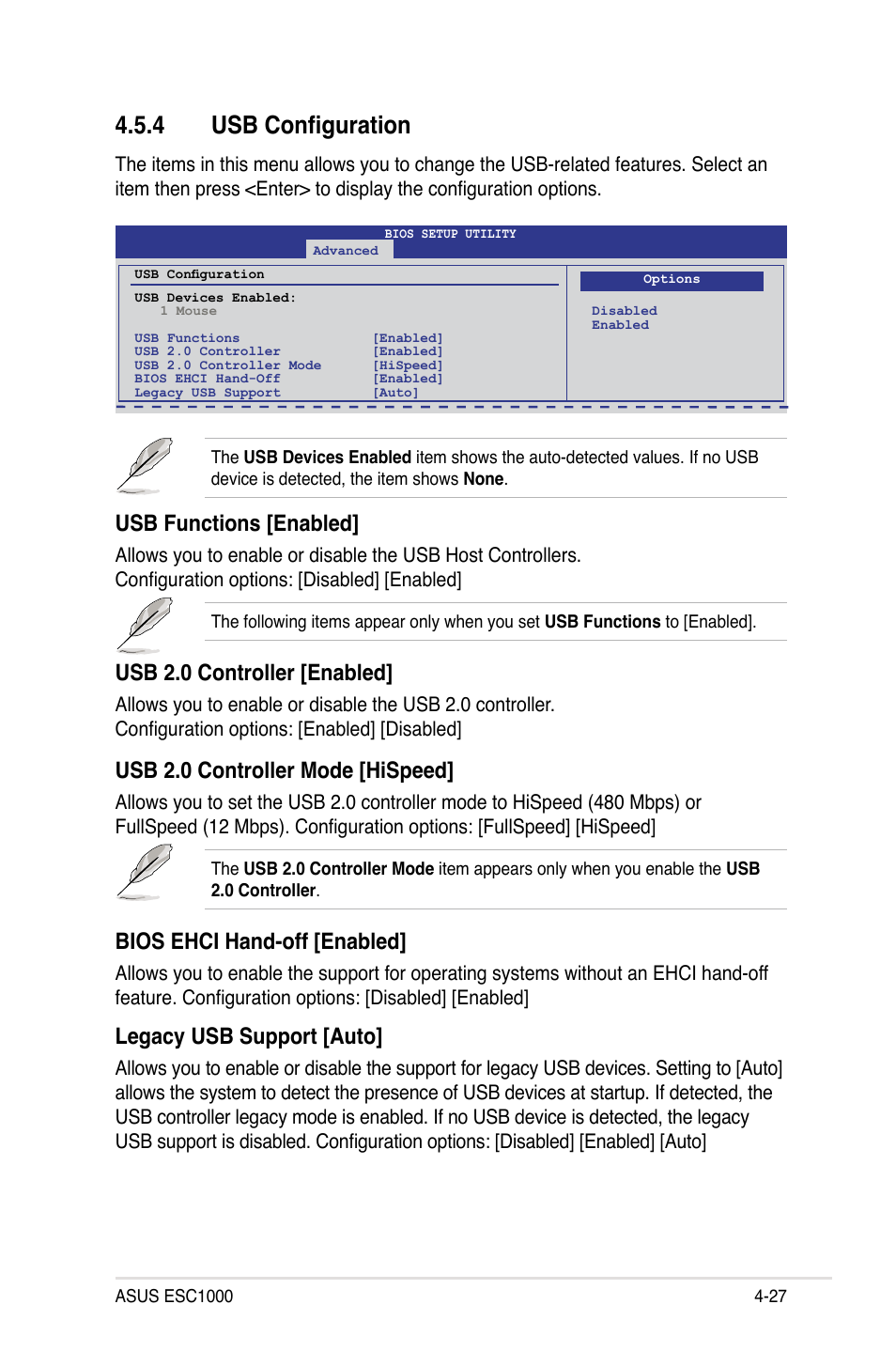 4 usb configuration, Usb configuration -27, Usb functions [enabled | Usb 2.0 controller [enabled, Usb 2.0 controller mode [hispeed, Bios ehci hand-off [enabled, Legacy usb support [auto | Asus ESC1000 Personal SuperComputer User Manual | Page 91 / 184