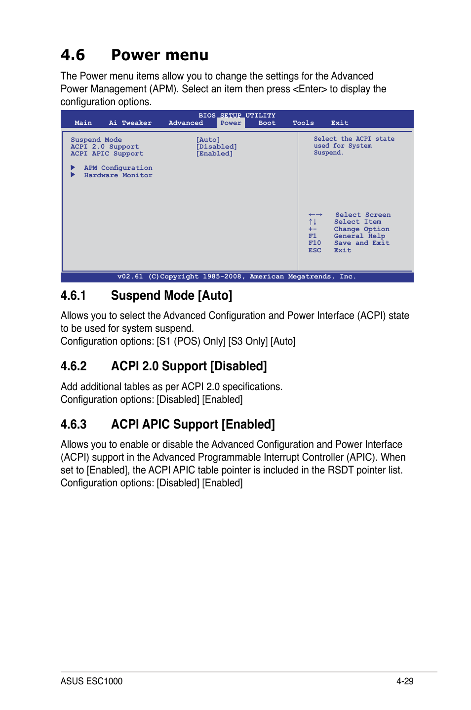 6 power menu, 1 suspend mode [auto, 2 acpi 2.0 support [disabled | 3 acpi apic support [enabled, Power menu -29 4.6.1, Suspend mode -29, Acpi 2.0 support -29, Acpi apic support -29 | Asus ESC1000 Personal SuperComputer User Manual | Page 93 / 184