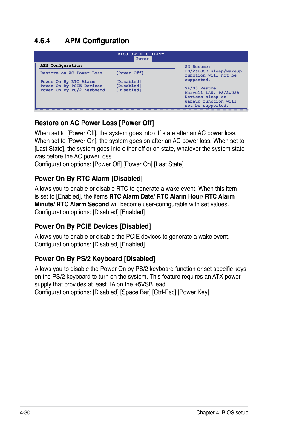 4 apm configuration, Apm configuration -30, Restore on ac power loss [power off | Power on by rtc alarm [disabled, Power on by pcie devices [disabled, Power on by ps/2 keyboard [disabled | Asus ESC1000 Personal SuperComputer User Manual | Page 94 / 184