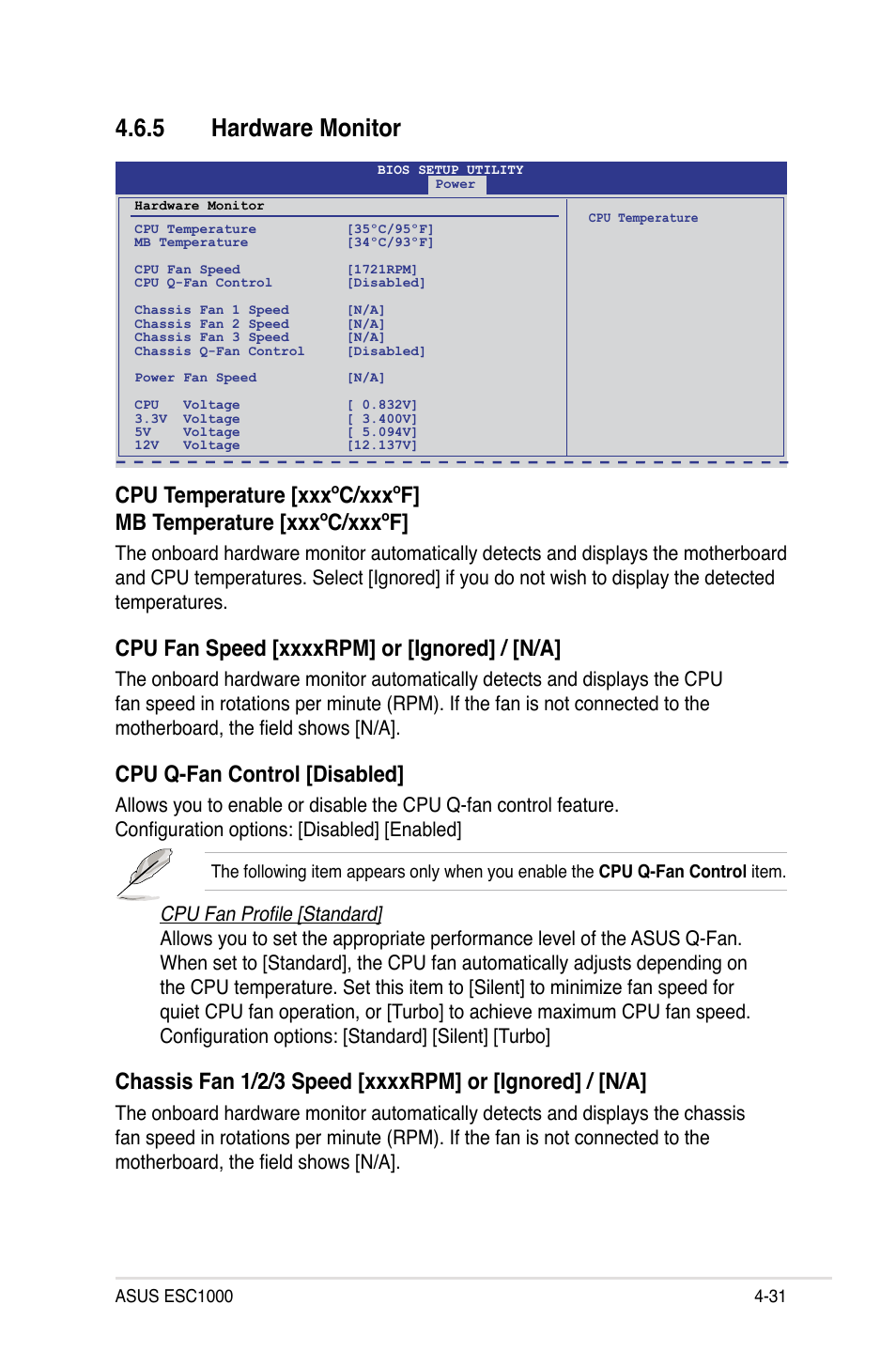 5 hardware monitor, Hardware monitor -31, Cpu q-fan control [disabled | Asus ESC1000 Personal SuperComputer User Manual | Page 95 / 184