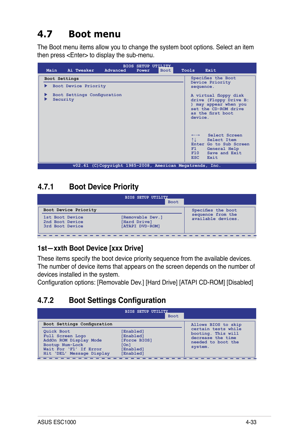 7 boot menu, 1 boot device priority, 2 boot settings configuration | Boot menu -33 4.7.1, Boot device priority -33, Boot settings configuration -33, 1st—xxth boot device [xxx drive | Asus ESC1000 Personal SuperComputer User Manual | Page 97 / 184
