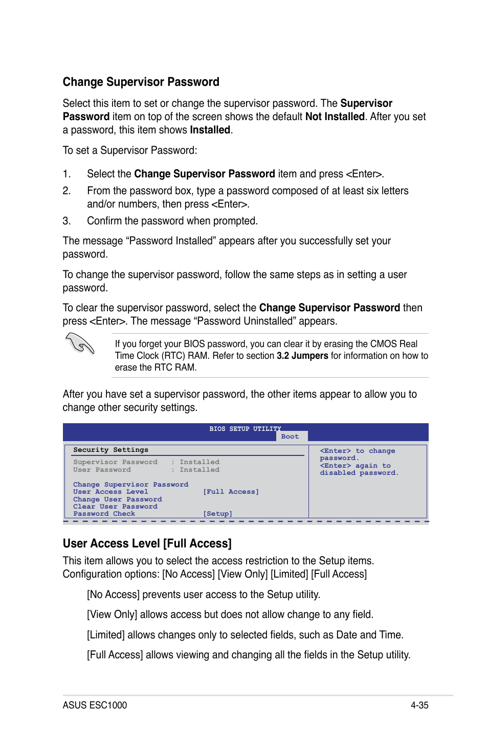 Change supervisor password, User access level [full access | Asus ESC1000 Personal SuperComputer User Manual | Page 99 / 184