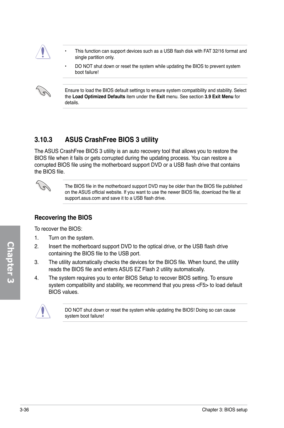 3 asus crashfree bios 3 utility, Asus crashfree bios 3 utility -36, Chapter 3 | Asus P8Z68-V PRO User Manual | Page 102 / 146