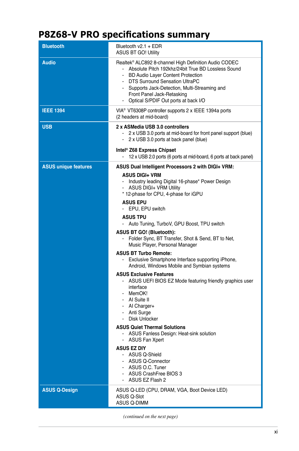 P8z68-v pro specifications summary | Asus P8Z68-V PRO User Manual | Page 11 / 146