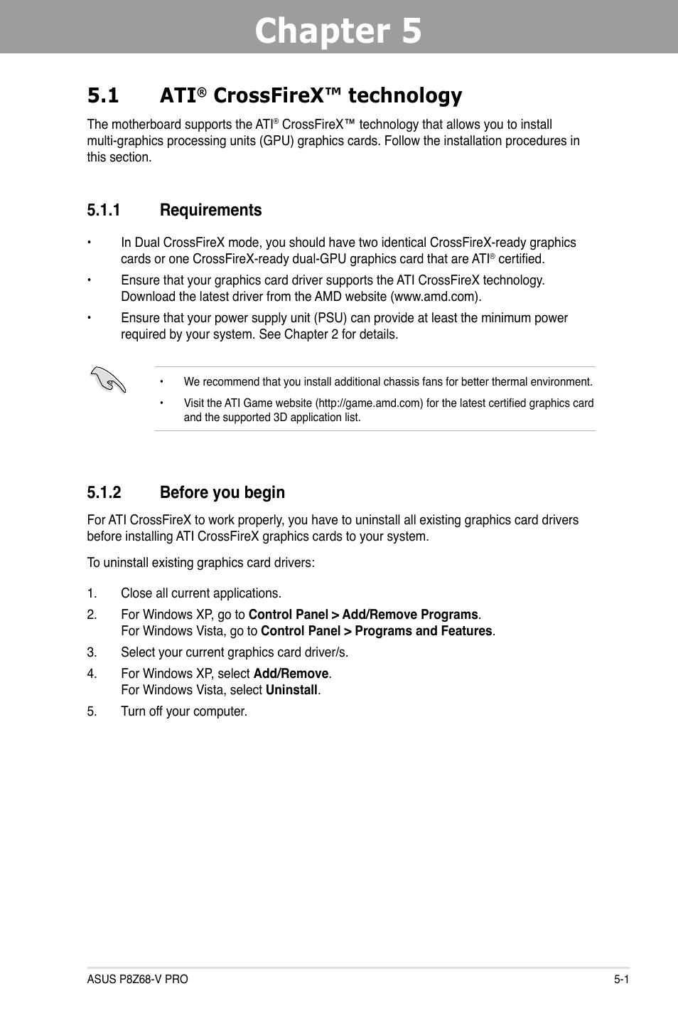 Chapter 5: multiple gpu technology support, 1 ati® crossfirex™ technology, 1 requirements | 2 before you begin, Chapter 5, Multiple gpu technology support, Crossfirex™ technology -1, Requirements -1, Before you begin -1, 1 ati | Asus P8Z68-V PRO User Manual | Page 135 / 146