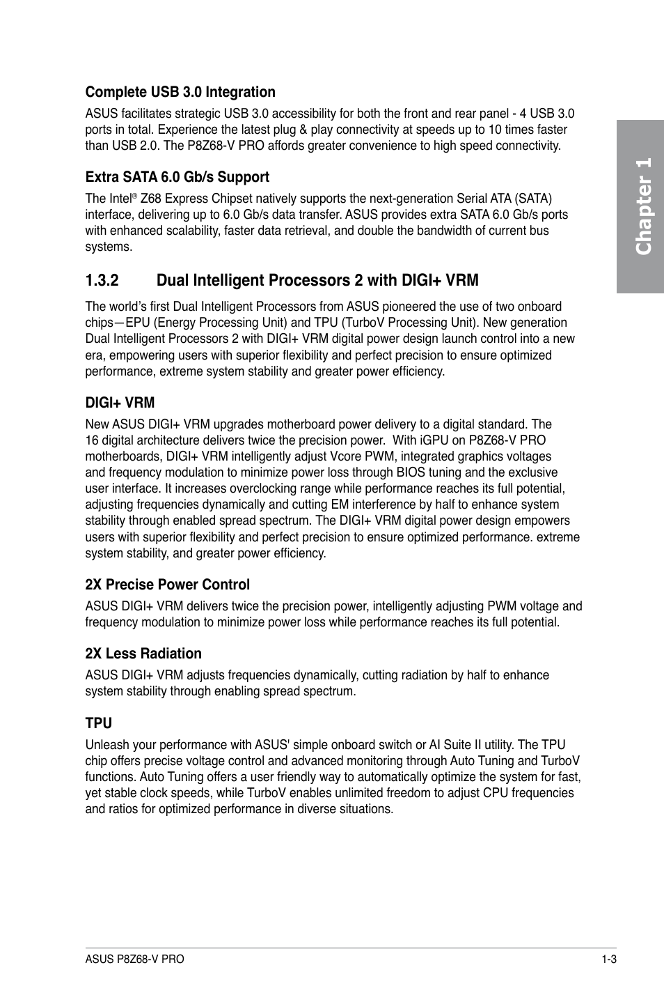 2 dual intelligent processors 2 with digi+ vrm, Dual intelligent processors 2 with digi+ vrm -3, Chapter 1 | Asus P8Z68-V PRO User Manual | Page 15 / 146