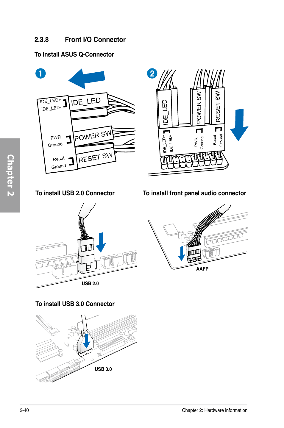 8 front i/o connector, Front i/o connector -40, Chapter 2 | Ide_led | Asus P8Z68-V PRO User Manual | Page 58 / 146