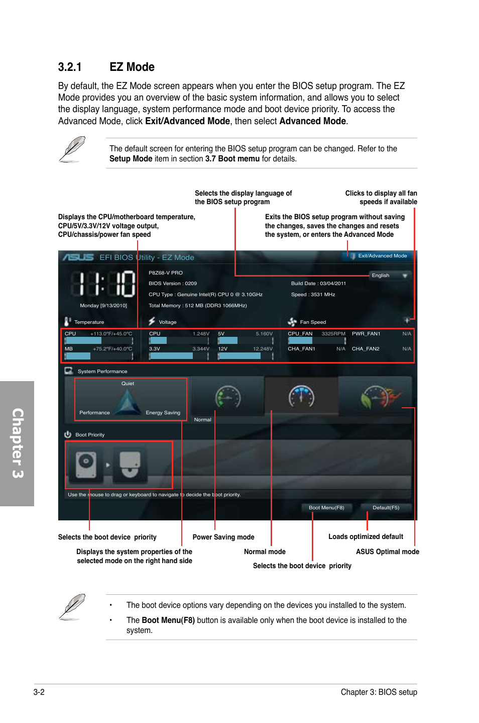 1 ez mode, Ez mode -2, Chapter 3 | 2 chapter 3: bios setup | Asus P8Z68-V PRO User Manual | Page 68 / 146