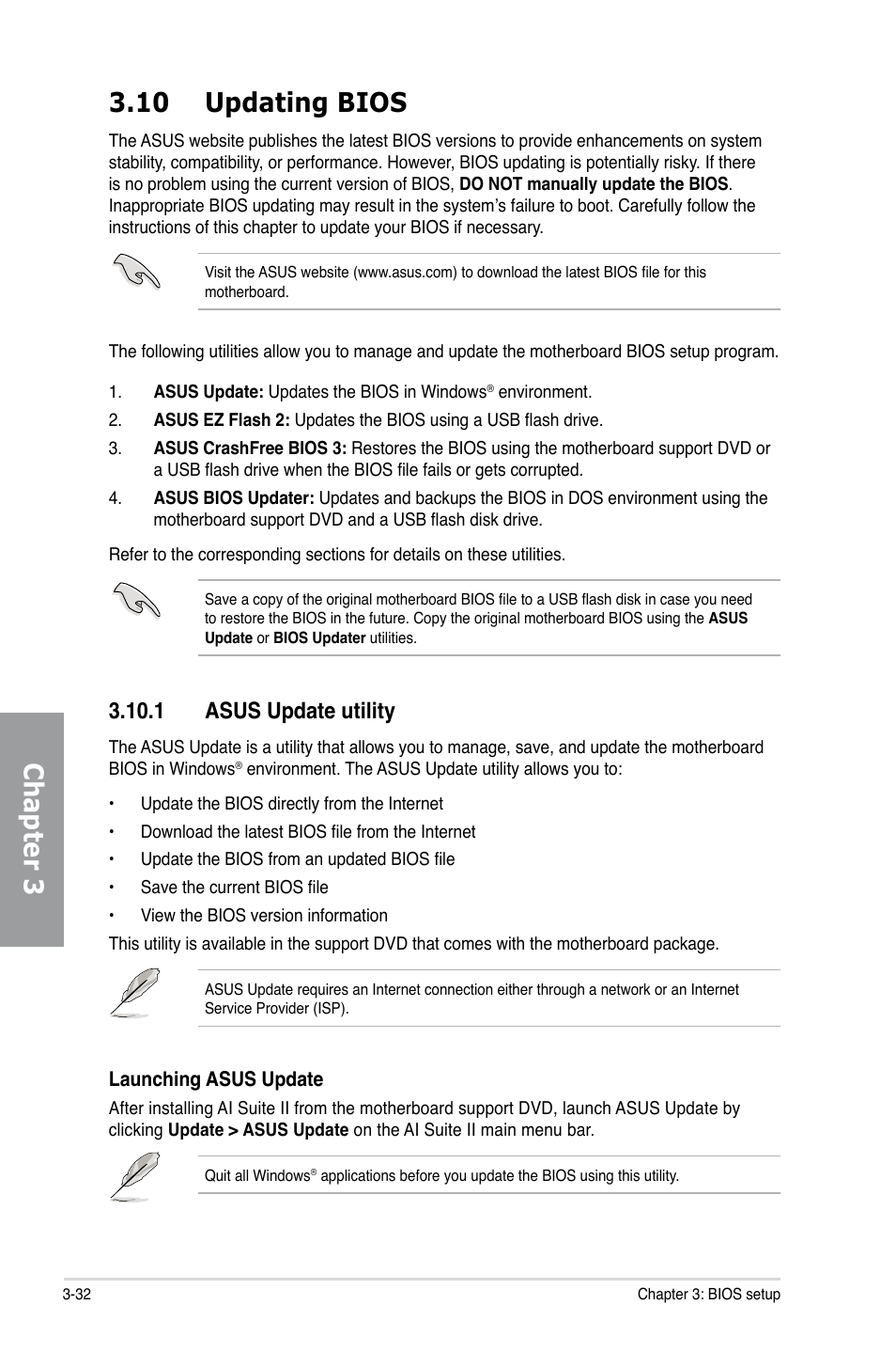 10 updating bios, 1 asus update utility, Updating bios -32 3.10.1 | Asus update utility -32, Chapter 3 3.10 updating bios | Asus P8Z68-V PRO User Manual | Page 98 / 146