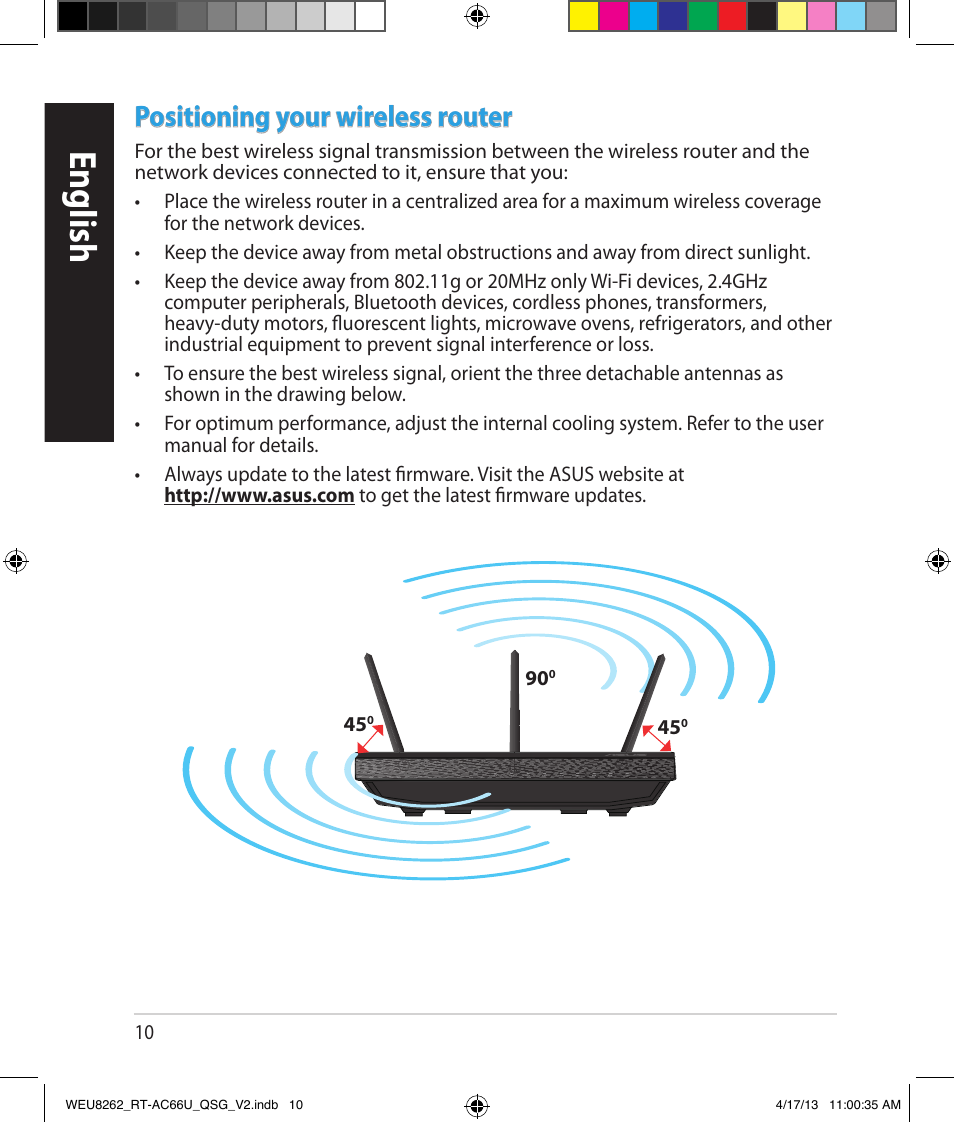 English, Positioning your wireless router | Asus RT-AC66U User Manual | Page 10 / 136