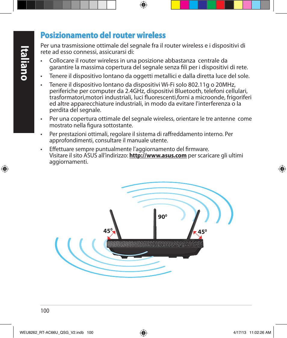 Italiano, Posizionamento del router wireless | Asus RT-AC66U User Manual | Page 100 / 136