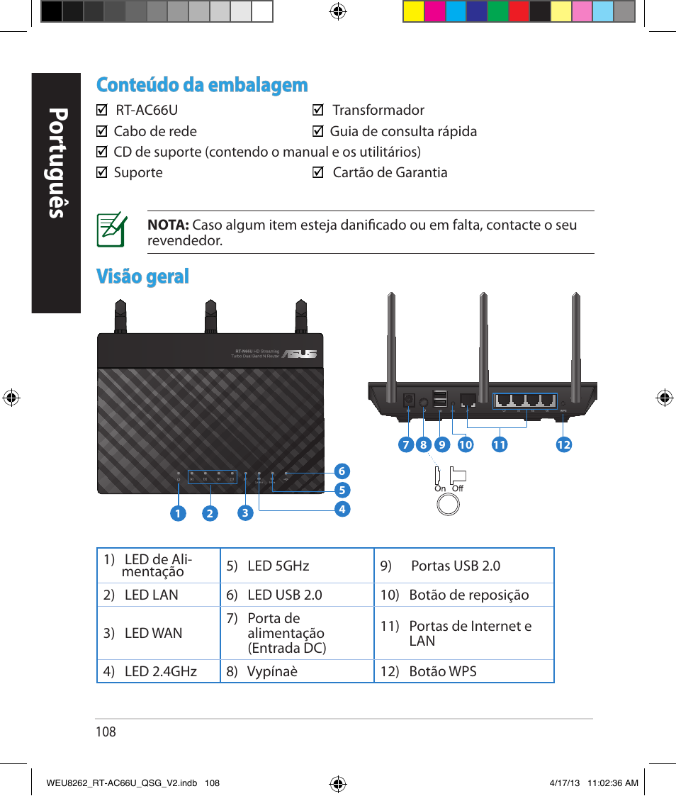 Por tuguês, Conteúdo da embalagem, Visão geral | Asus RT-AC66U User Manual | Page 108 / 136