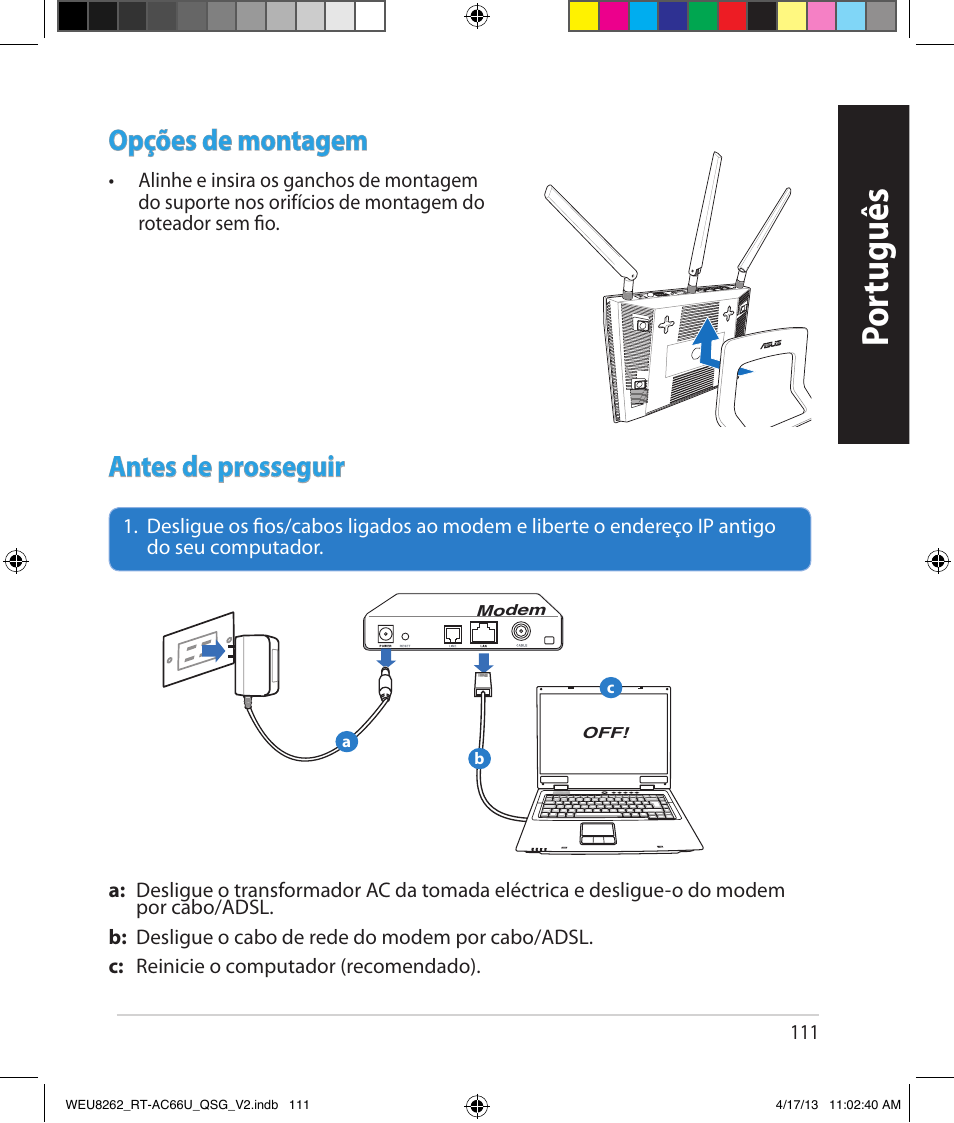 Por tuguês, Opções de montagem, Antes de prosseguir | Asus RT-AC66U User Manual | Page 111 / 136