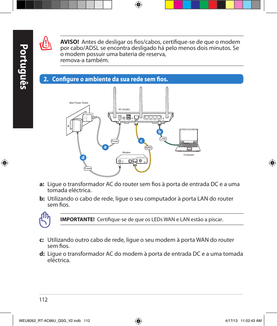 Por tuguês, Configure o ambiente da sua rede sem fios | Asus RT-AC66U User Manual | Page 112 / 136