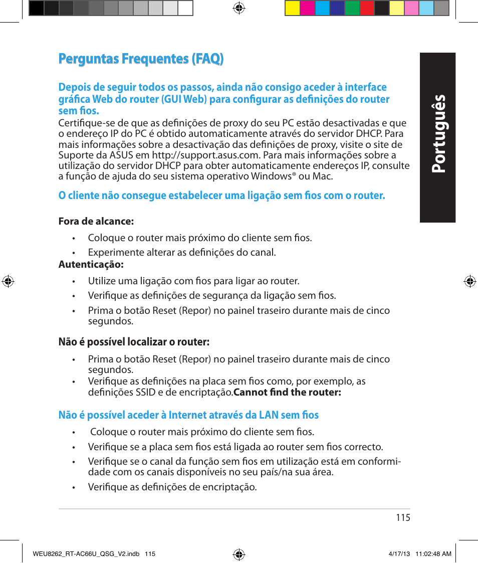 Por tuguês, Perguntas frequentes (faq) | Asus RT-AC66U User Manual | Page 115 / 136