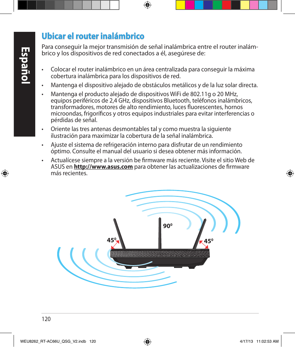 Español, Ubicar el router inalámbrico | Asus RT-AC66U User Manual | Page 120 / 136