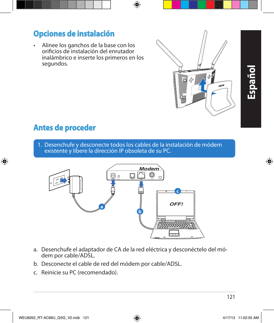 Español, Opciones de instalación, Antes de proceder | Asus RT-AC66U User Manual | Page 121 / 136