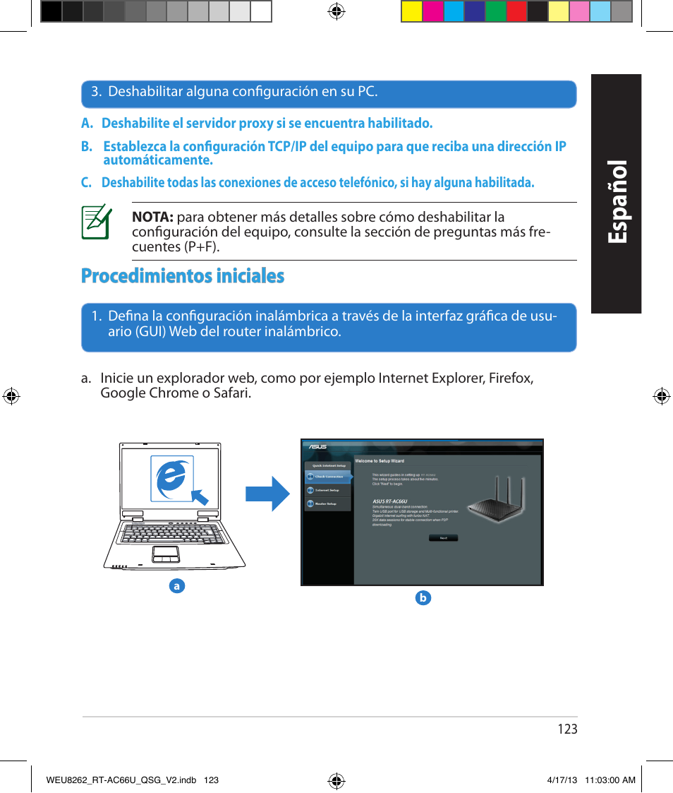 Español, Procedimientos iniciales | Asus RT-AC66U User Manual | Page 123 / 136