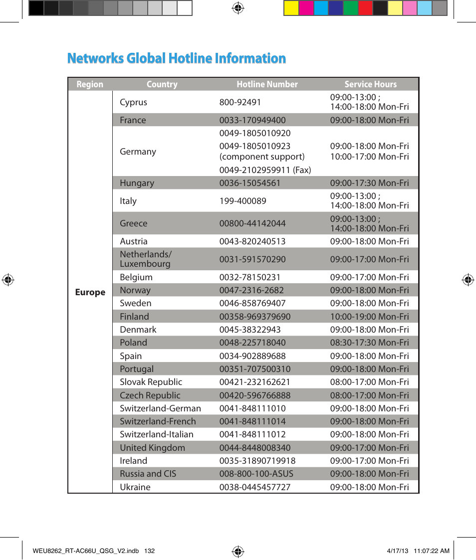 Networks global hotline information | Asus RT-AC66U User Manual | Page 132 / 136