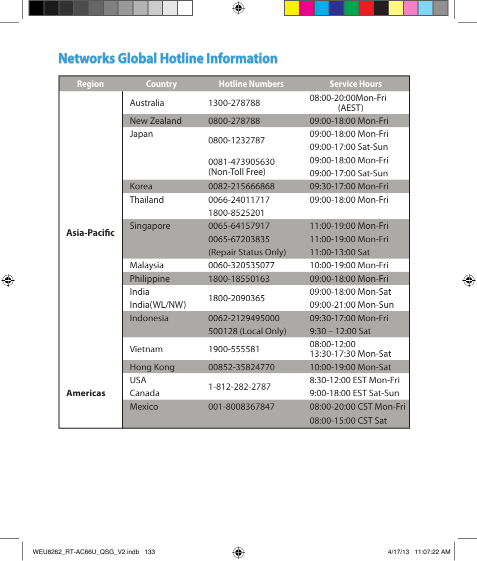 Networks global hotline information | Asus RT-AC66U User Manual | Page 133 / 136