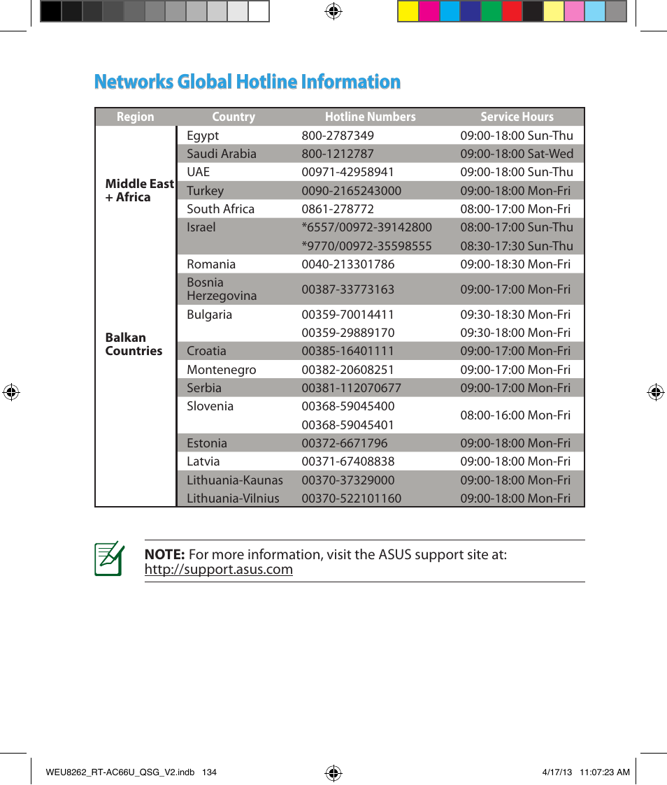 Networks global hotline information | Asus RT-AC66U User Manual | Page 134 / 136