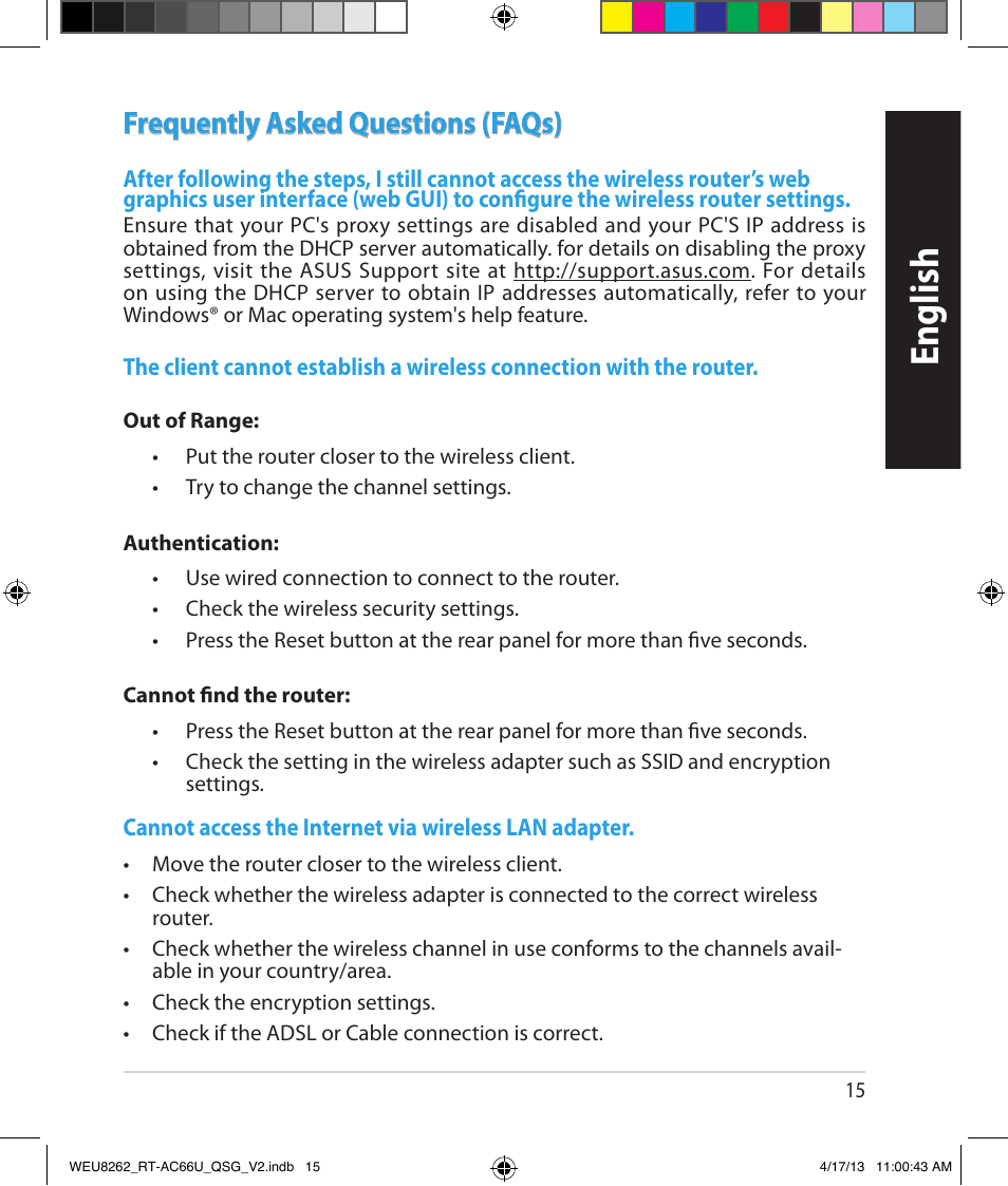 English, Frequently asked questions (faqs) | Asus RT-AC66U User Manual | Page 15 / 136