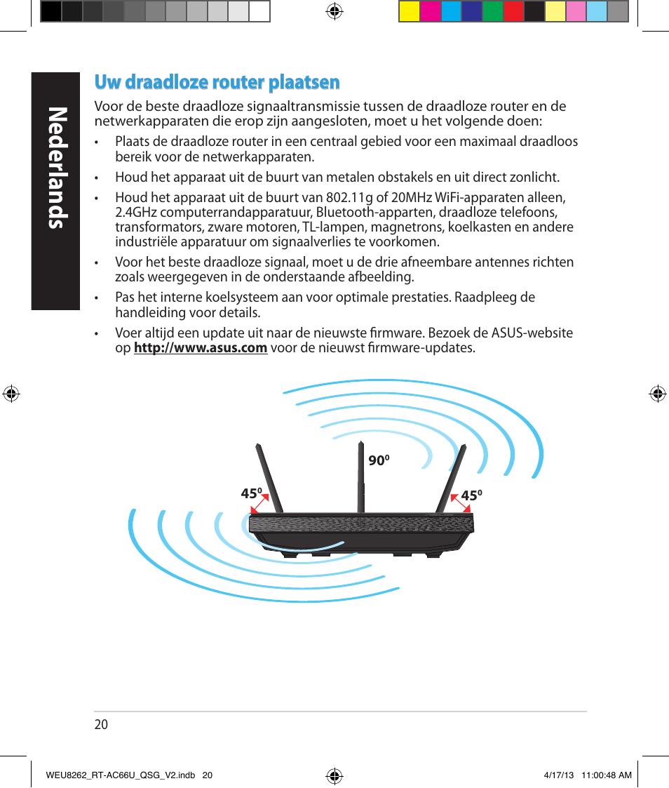 Neder lands, Uw draadloze router plaatsen | Asus RT-AC66U User Manual | Page 20 / 136