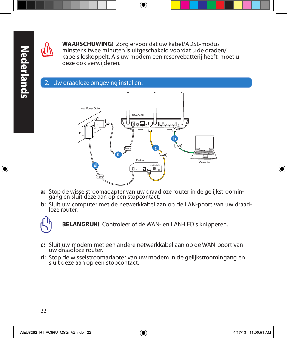 Neder lands, Uw draadloze omgeving instellen | Asus RT-AC66U User Manual | Page 22 / 136