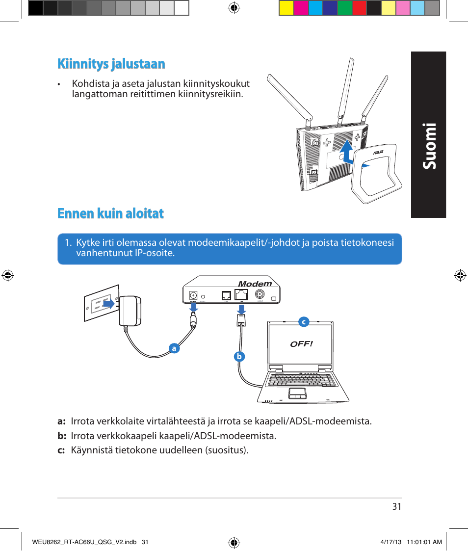 Suomi, Kiinnitys jalustaan, Ennen kuin aloitat | Asus RT-AC66U User Manual | Page 31 / 136