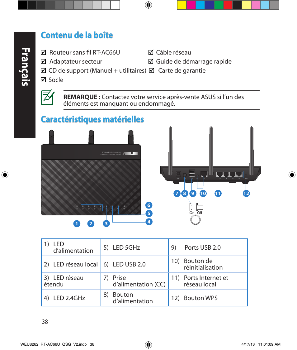 Franç ais, Contenu de la boîte, Caractéristiques matérielles | Asus RT-AC66U User Manual | Page 38 / 136