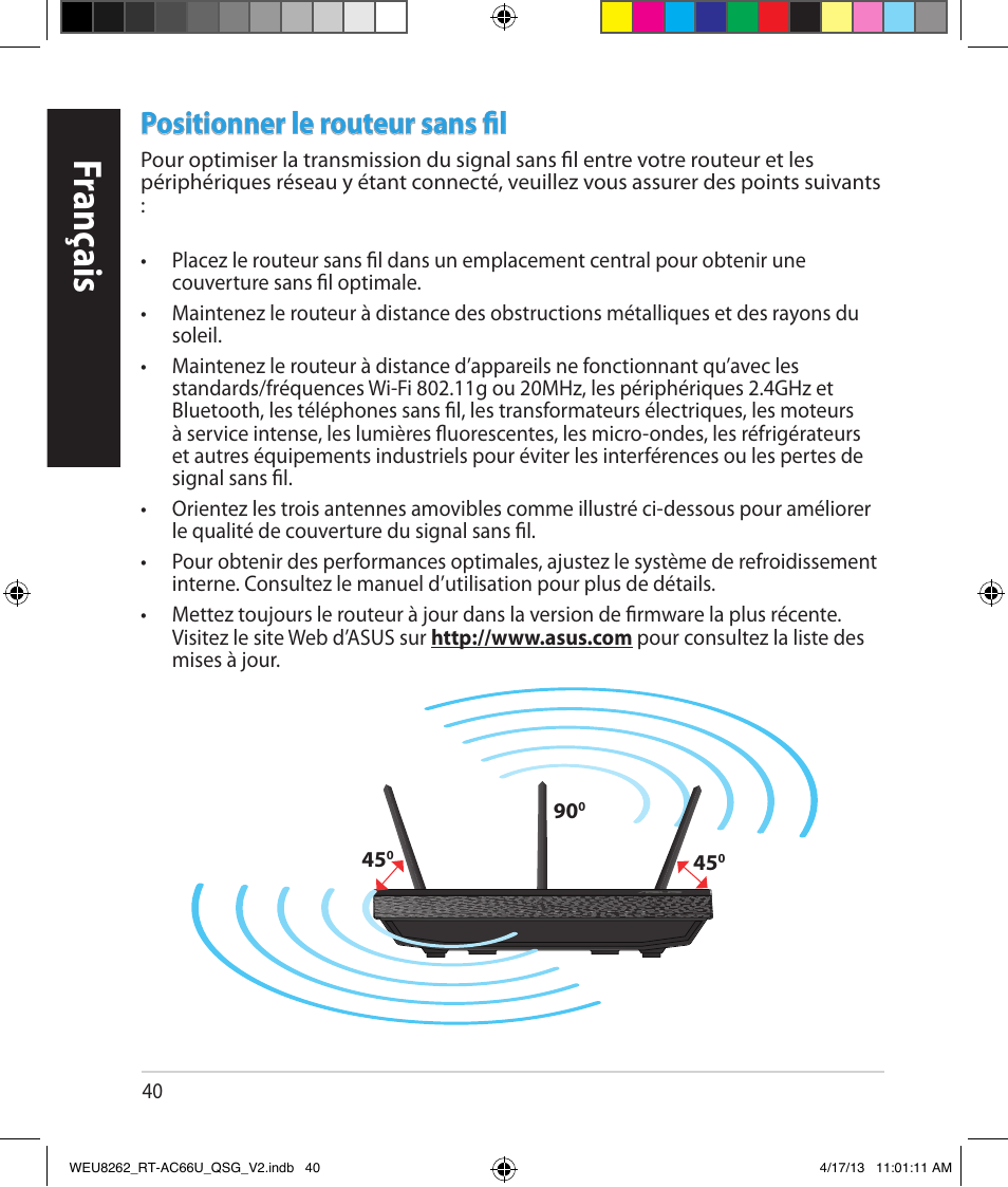 Franç ais, Positionner le routeur sans fil | Asus RT-AC66U User Manual | Page 40 / 136