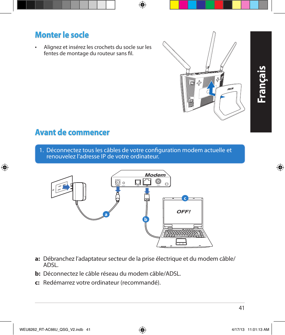 Fr anç ais, Monter le socle, Avant de commencer | Asus RT-AC66U User Manual | Page 41 / 136