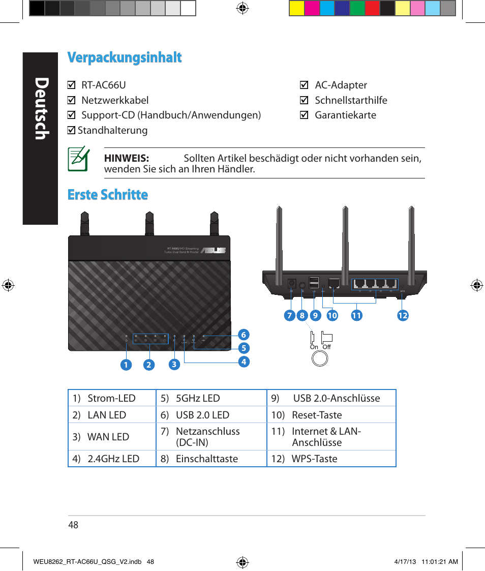 Deutsch, Verpackungsinhalt, Erste schritte | Asus RT-AC66U User Manual | Page 48 / 136