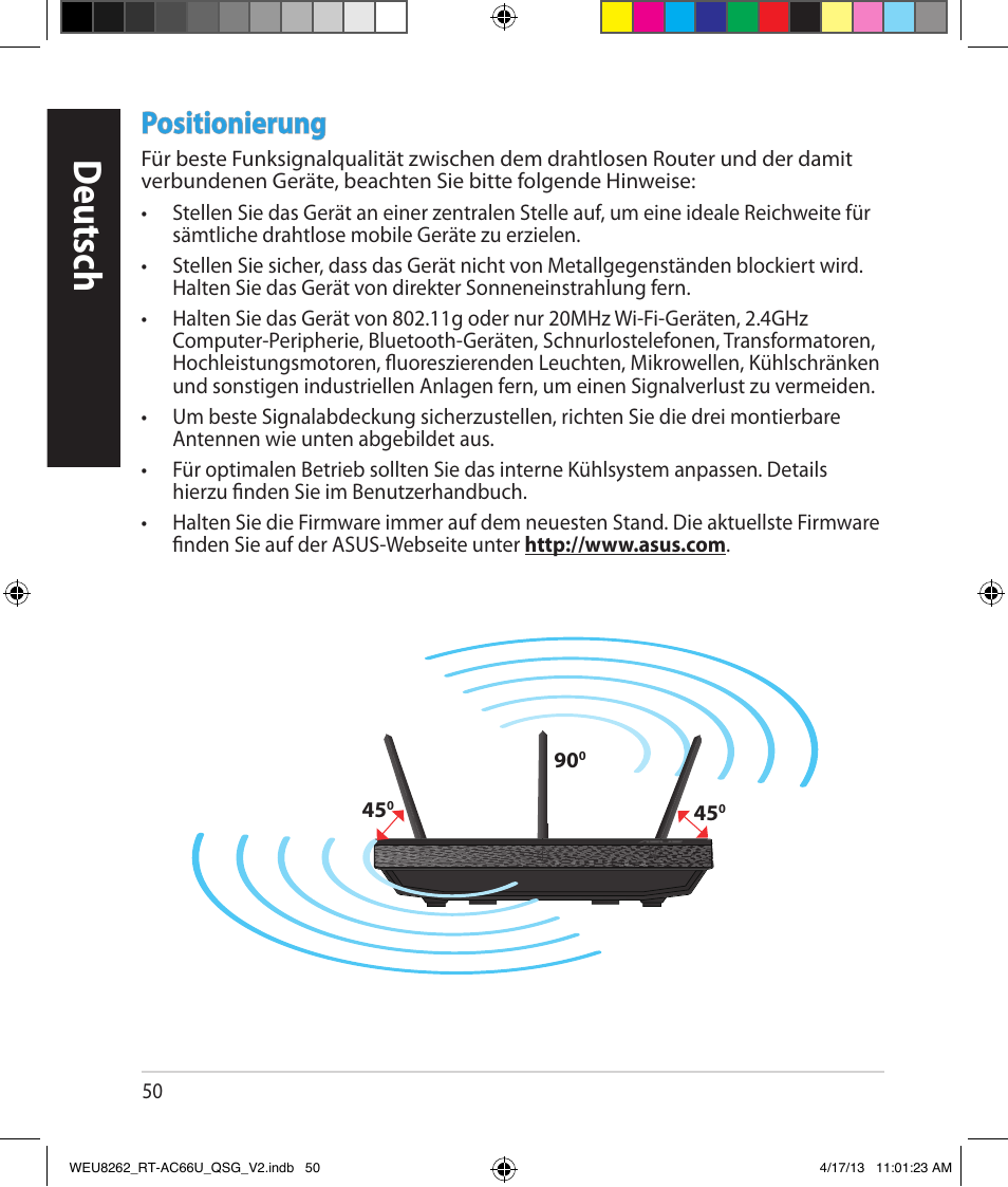 Deutsch, Positionierung | Asus RT-AC66U User Manual | Page 50 / 136