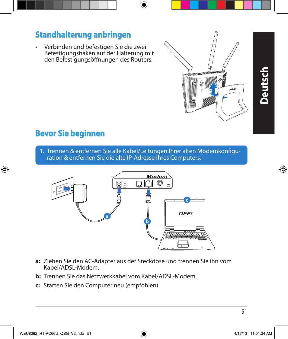 Deutsch, Standhalterung anbringen, Bevor sie beginnen | Asus RT-AC66U User Manual | Page 51 / 136