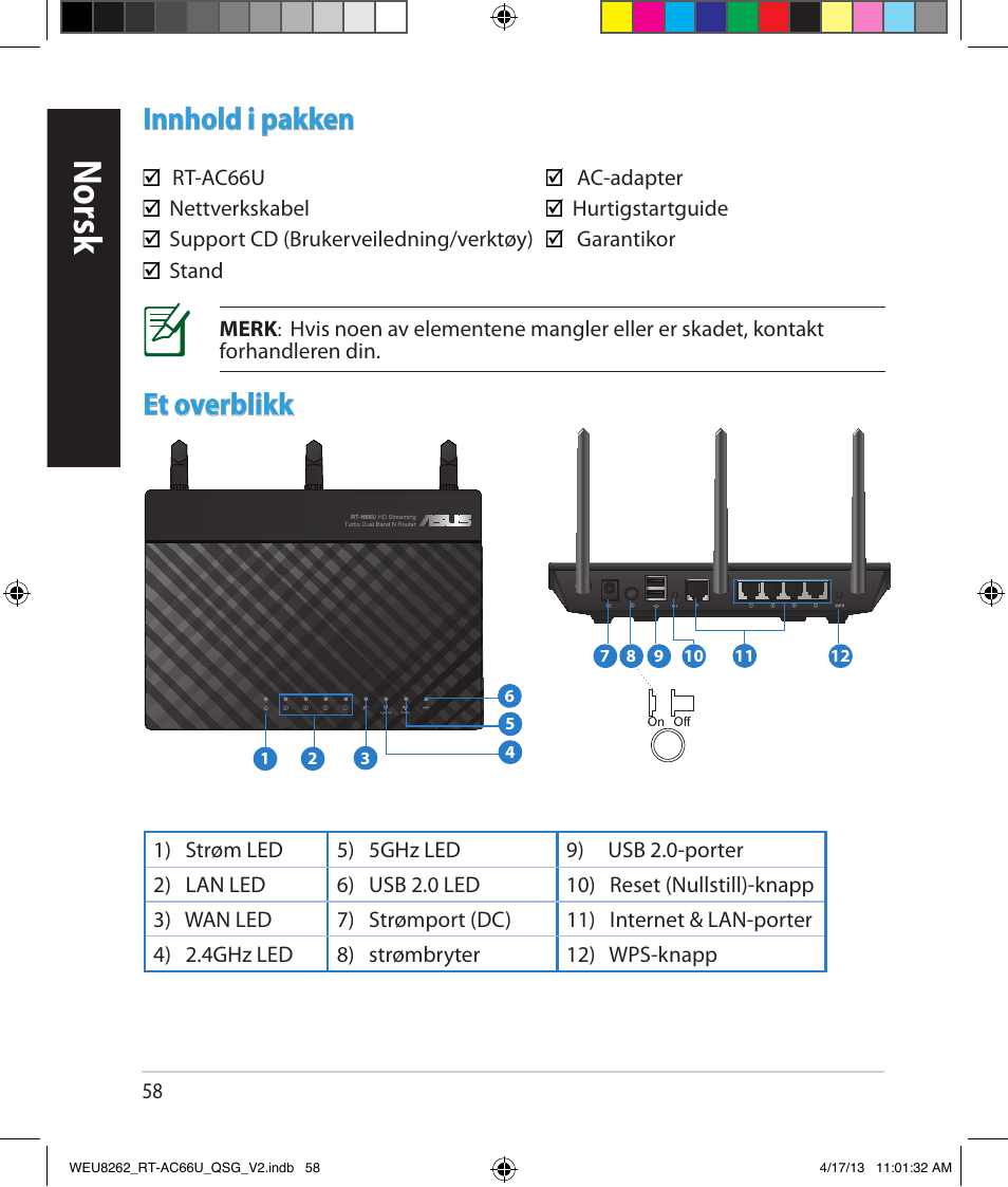 Norsk, Innhold i pakken, Et overblikk | Asus RT-AC66U User Manual | Page 58 / 136