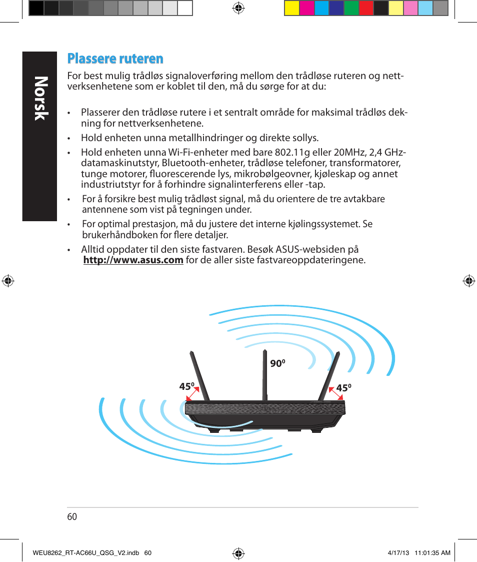 Norsk, Plassere ruteren | Asus RT-AC66U User Manual | Page 60 / 136