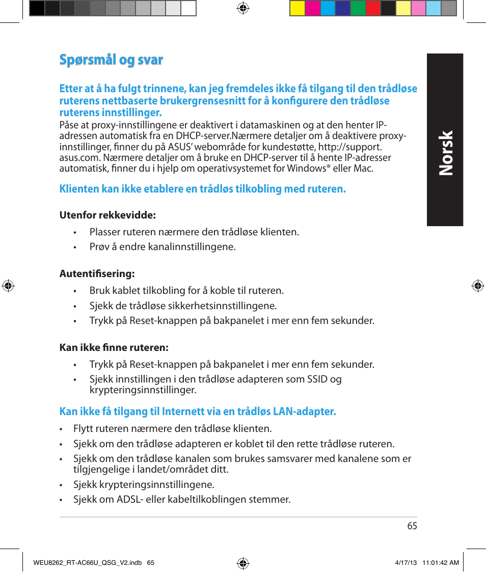 Norsk, Spørsmål og svar | Asus RT-AC66U User Manual | Page 65 / 136