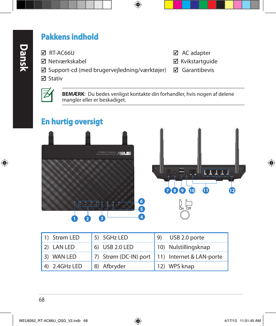 Dansk, Pakkens indhold, En hurtig oversigt | Asus RT-AC66U User Manual | Page 68 / 136