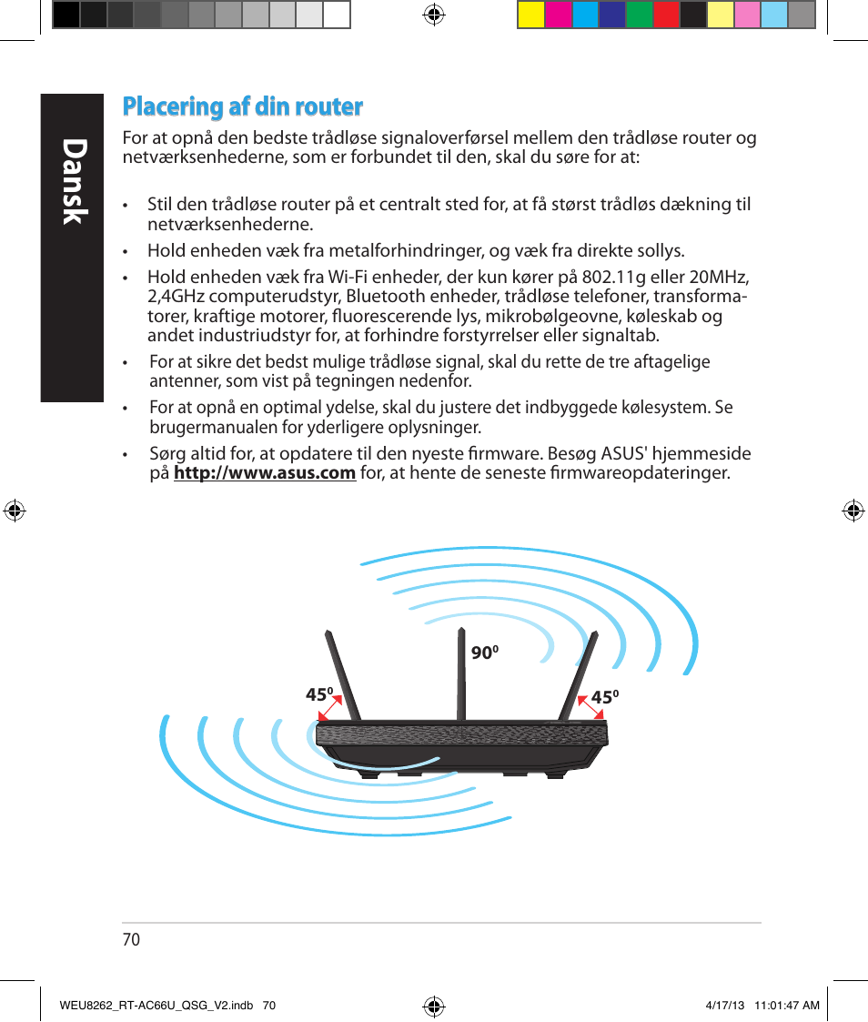 Dansk, Placering af din router | Asus RT-AC66U User Manual | Page 70 / 136