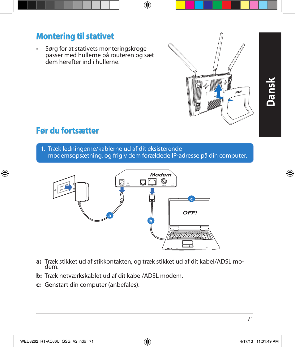 Dansk, Montering til stativet, Før du fortsætter | Asus RT-AC66U User Manual | Page 71 / 136