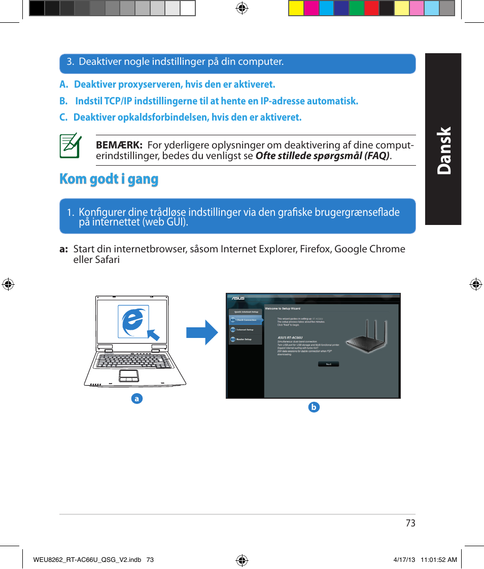 Dansk, Kom godt i gang | Asus RT-AC66U User Manual | Page 73 / 136