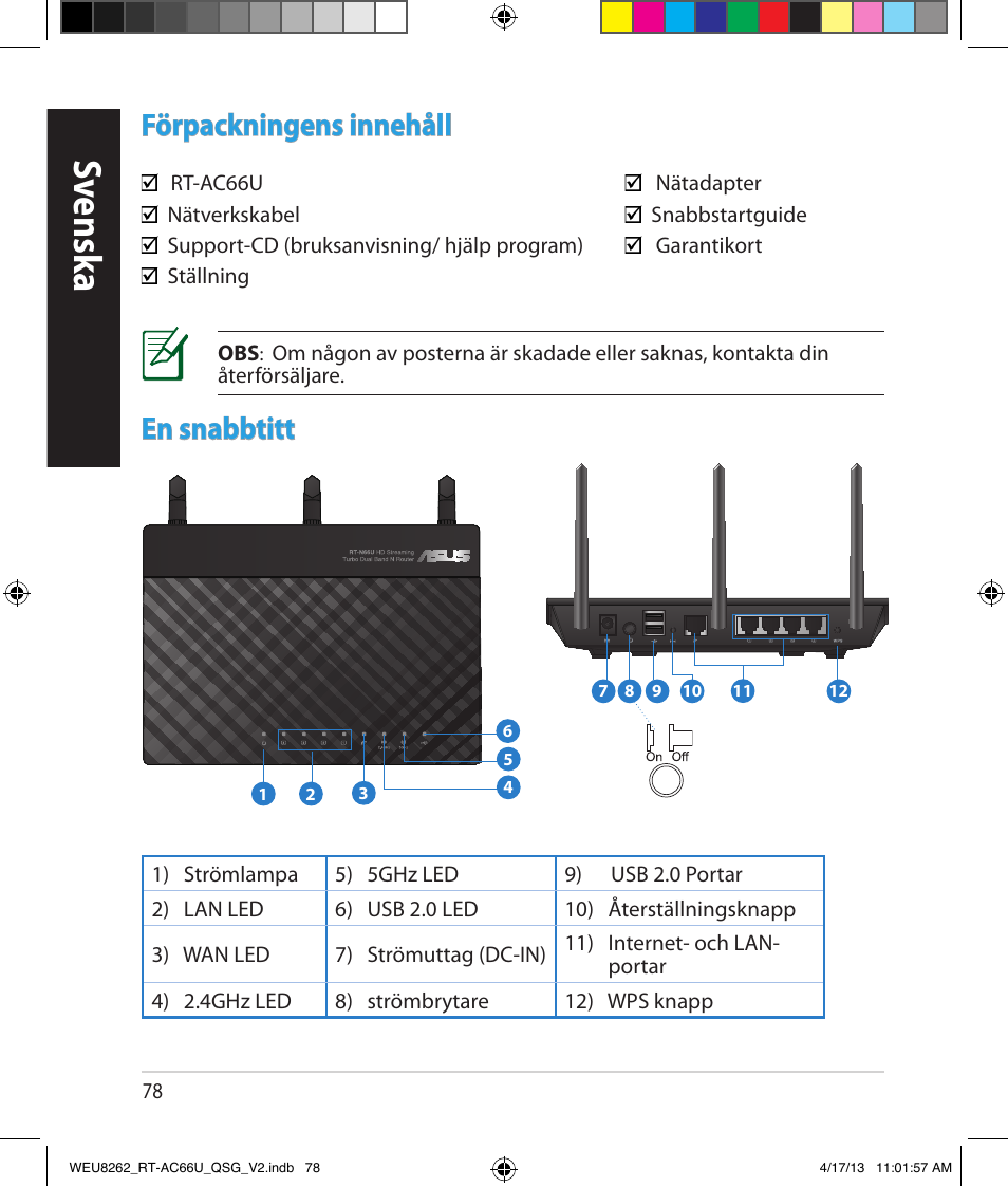 Sv ensk a, Förpackningens innehåll, En snabbtitt | Asus RT-AC66U User Manual | Page 78 / 136