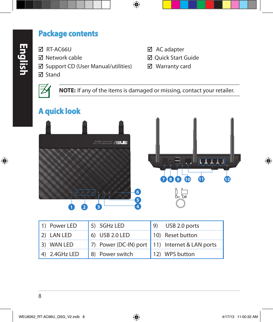 English, Package contents, A quick look | Asus RT-AC66U User Manual | Page 8 / 136