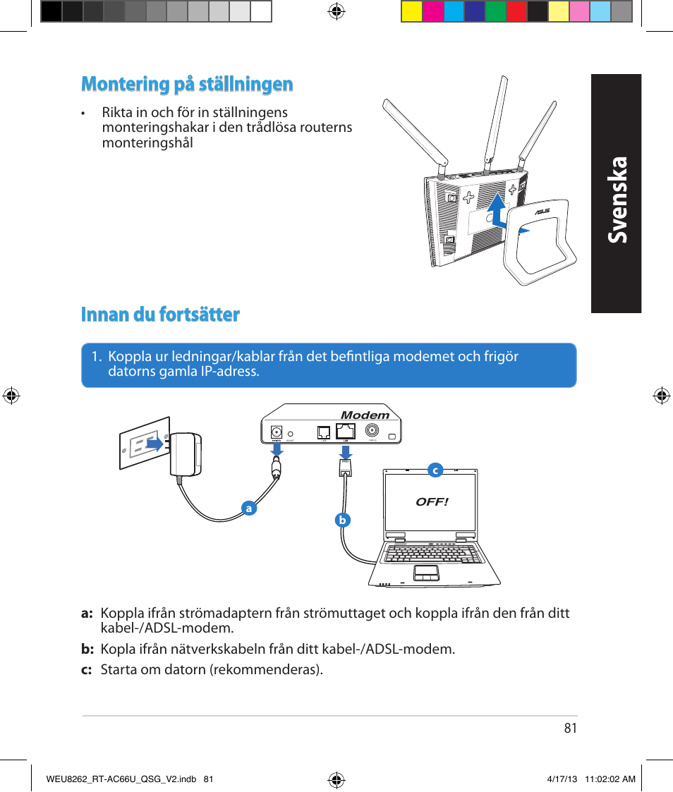 Sv ensk a, Montering på ställningen, Innan du fortsätter | Asus RT-AC66U User Manual | Page 81 / 136